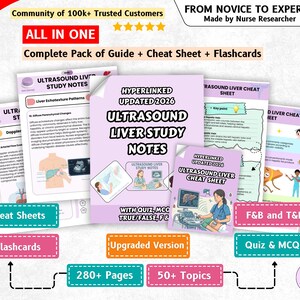 May include: A comprehensive educational bundle featuring ultrasound liver study notes, cheat sheets, and flashcards. The documents include text, diagrams, and illustrations related to liver sonography, labelled with titles like Hyperlinked Updated 2026.