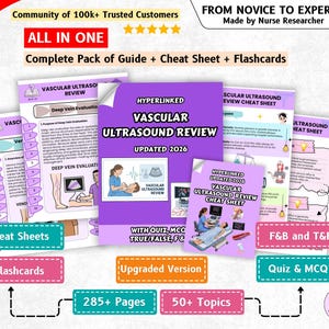 May include: A digital educational bundle titled Vascular Ultrasound Review Updated 2026, featuring a guide, cheat sheets, and flashcards. The purple and white documents include text, medical illustrations, and diagrams for 50 plus topics and 285 plus pages.