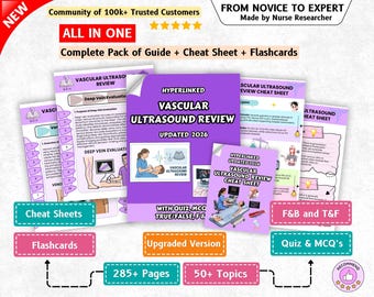May include: A digital educational bundle titled Vascular Ultrasound Review Updated 2026, featuring a guide, cheat sheets, and flashcards. The purple and white documents include text, medical illustrations, and diagrams for 50 plus topics and 285 plus pages.
