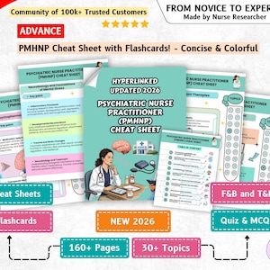 May include: A collection of Psychiatric Nurse Practitioner (PMHNP) cheat sheets and flashcards featuring a teal cover with an illustration of a nurse, a brain, and medical equipment. The text includes 'HYPERLINKED UPDATED 2026' and 'PMHNP CHEAT SHEET'.