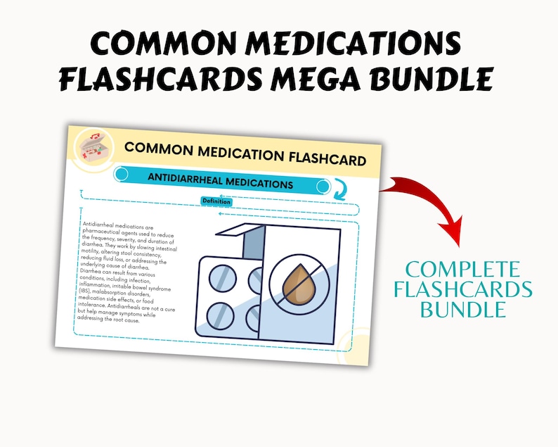 May include: A blue and white illustrated flashcard with the title "Antidiarrheal Medications". The card includes a definition of antidiarrheal medications and an illustration of a bottle of pills and a drop of water with a line through it.