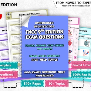 May include: A spiral-bound book titled "TNCC 9th Edition Exam Questions" with the text "Trauma Nursing Core Course." The cover is blue with white and black text. Additional pages show exam questions and topics. The image includes the text "Hyperlinked" and "100% Pass Rate."