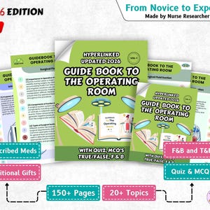 Może przedstawiać: Zbiór podręczników medycznych zatytułowanych "Guide Book to the Operating Room", z tekstem "2026 Edition" i "New". Książki są zielono-białe, z ilustracjami narzędzi chirurgicznych i otwartych książek. Zawiera "Prescribed Meds", "Additional Gifts" i "Quiz & MCQ's".
