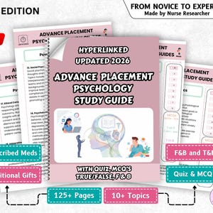 May include: A stack of pink and white study guides for Advanced Placement Psychology. The central guide is titled "Advance Placement Psychology Study Guide" with the text "Hyperlinked Updated 2026." Additional guides and text boxes with information are also visible.