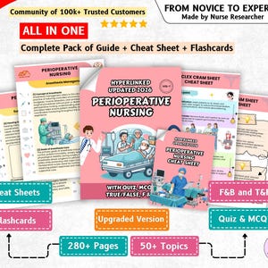 May include: A comprehensive perioperative nursing study guide set featuring a pink cover with medical illustrations, including a patient in a hospital bed and healthcare staff. The pack includes cheat sheets, flashcards, and quizzes with text labels like Hyperlinked Updated 2026 and 280+ Pages.