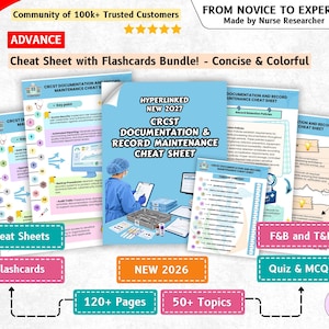 Può includere: Un set di fogli di riferimento e flashcard per la documentazione e la manutenzione dei registri CRCST. I documenti presentano schemi di colore blu e bianco, intestazioni di testo, elenchi numerati e illustrazioni mediche.