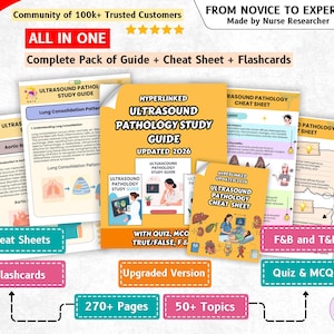 Puede incluir: Un conjunto de guía de estudio de patología por ultrasonido, hojas de trucos y tarjetas didácticas con portadas amarillas y blancas, ilustraciones médicas y texto que incluye "Hyperlinked Ultrasound Pathology Study Guide Updated 2026".