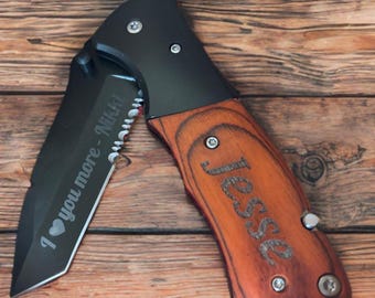 Cuchillos personalizados, regalo para novio, regalo para el día del padre, cuchillo de bolsillo grabado, padrino de boda, cuchillos de boda, esposo, madera, personalizado