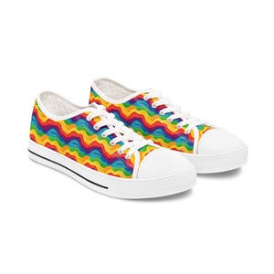 Rainbow Waves Women&#39;s Low Top Sneakers, LGBT Pride Shoes, Colorful Fashion Footwear, LGBTQ+ Sneaker Gift, Fancy Pride Rainbow Flats