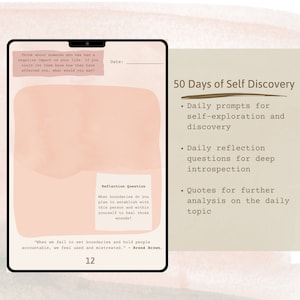 May include: A printable worksheet with a peach background and brown text. The worksheet is titled "50 Days of Self Discovery" and includes prompts for self-exploration and discovery, reflection questions for introspection, and quotes for further analysis on the daily topic. The worksheet also includes a reflection question: "What boundaries do you plan to establish with this person and within yourself to heal those wounds?" and a quote: "When we fail to set boundaries and hold people accountable, we feel used and mistreated." - Bren&eacute; Brown.