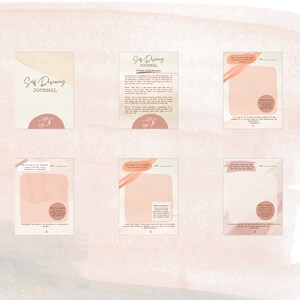 May include: A printable self-discovery journal with a peach background and a peach and white abstract design. The journal has the title "Self Discovery Journal" and the text "30 Days of Self Discovery".
