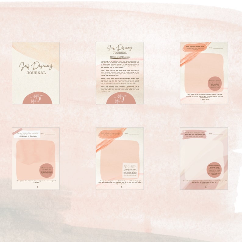 May include: A printable self-discovery journal with a peach background and a peach and white abstract design. The journal has the title "Self Discovery Journal" and the text "30 Days of Self Discovery".