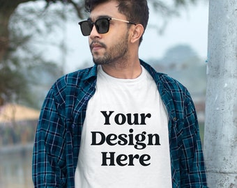 White Gildan 64000 T-shirt Mockup: Male Model, Outdoor Lake (Digital JPG)
