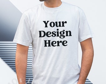 White Gildan 64000 T-shirt Mockup: Male Model (Digital JPG)