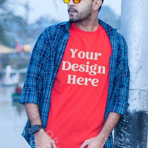 Red Gildan 64000 Mockup Red Tshirt Mock up Model | Male Model Mockup | 64000 Tshirt Mock up | Outdoor Lake Mockup T-shirt