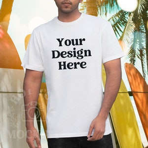White Gildan 64000 Mockup White Tshirt Mock up Model | Male Model Mockup | 64000 Tshirt Mock up | Summer Beach Mockup T-shirt