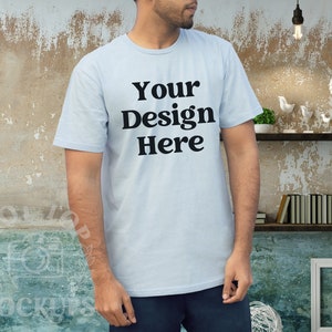 Light Blue Gildan 64000 Mockup Light Blue Tshirt Mock up Model | Male Model Mockup | 64000 Tshirt Mock up | Summer Grunge Mockup T-shirt