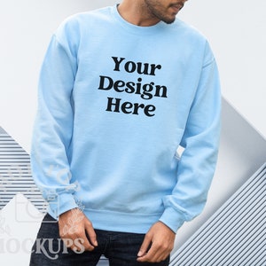 Light Blue Gildan 18000 Mockup Light Blue Sweatshirt Mockup Model | Male Model Mockup | Abstract Mockup Sweatshirt | Gildan 1800 Mockup