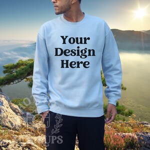 Light Blue Gildan 18000 Mockup Light Blue Sweatshirt Mockup Model | Male Model Mockup | Camping Mockup Sweatshirt | Gildan 1800 Mockup