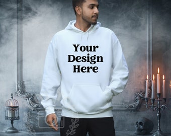 White Gildan 18500 Hoodie Mockup: Halloween Model (Digital Download)