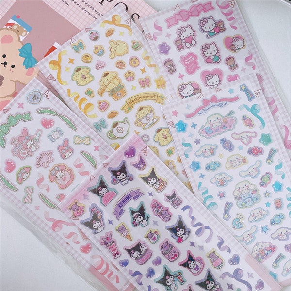 Sanrio My Melody Hello Kitty Kuromi Pompompurin Cinnamoroll Adorables kawaii kitsch Autocollants imperméables à paillettes Feuille d'autocollants Autocollants de dessin animé