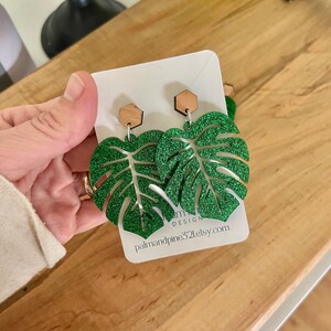 Monstera Leaf Earrings: Green Glitter Tropical Plant Jewelry