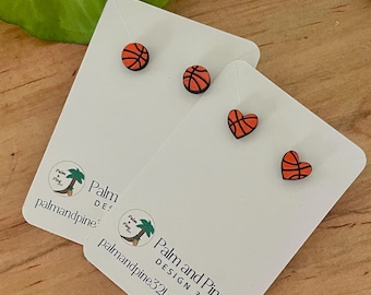 Handpainted Wood Basketball Stud Earrings: Game Day Gift