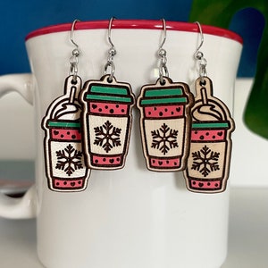 Hand-Painted Coffee Earrings: Christmas Holiday Wood Dangles