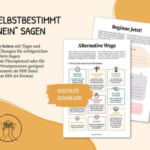 May include: A digital download guide for learning how to say "no" effectively. The guide features a colorful design with a title that reads "Selbstbestimmt "Nein" Sagen" and includes tips and exercises for setting boundaries.