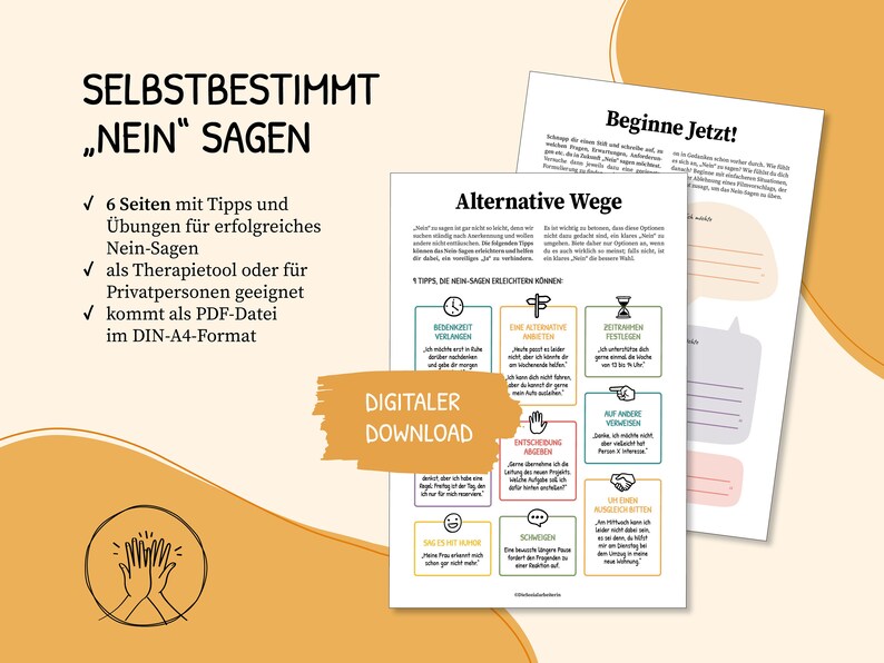 May include: A digital download guide for learning how to say "no" effectively. The guide features a colorful design with a title that reads "Selbstbestimmt "Nein" Sagen" and includes tips and exercises for setting boundaries.