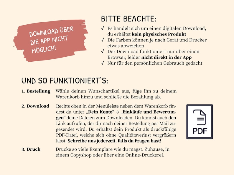 May include: A digital download information sheet with text in German. The sheet has a light beige background with red text in a red rectangle that says "DOWNLOAD &Uuml;BER DIE APP NICHT M&Ouml;GLICH!".