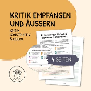 以下が含まれることがあります： KRITIK EMPFANGEN UND ÄUSSERNと題された4ページの教育用ドキュメント。SAG ESメソッドを用いた建設的な批判に関するガイドが記載されています。ページにはテキスト、円形の拡大鏡効果、円で囲まれたハイタッチのアイコンが含まれています。