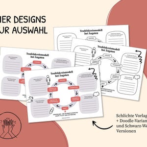 K&ouml;nnte beinhalten: Vier druckbare Designs eines Teufelskreismodells f&uuml;r Angst. Die Designs beinhalten eine einfache Umrisslinie, eine Doodle-Version und zwei Schwarzwei&szlig;-Versionen. Der Text im Bild lautet "Vier Designs zur Auswahl" und "Schlichte Vorlage + Doodle-Variante und Schwarz-Wei&szlig;-Versionen".