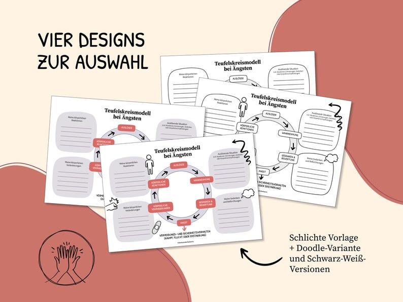 K&ouml;nnte beinhalten: Vier druckbare Designs eines Teufelskreismodells f&uuml;r Angst. Die Designs beinhalten eine einfache Umrisslinie, eine Doodle-Version und zwei Schwarzwei&szlig;-Versionen. Der Text im Bild lautet "Vier Designs zur Auswahl" und "Schlichte Vorlage + Doodle-Variante und Schwarz-Wei&szlig;-Versionen".
