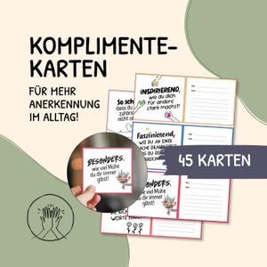 Może przedstawiać: Zestaw kart z komplementami z tekstem w języku niemieckim. Karty mają różne wzory i kolory, z frazami takimi jak "Inspirujące" i "Szczególnie". Obraz zawiera również tekst "45 Karten".