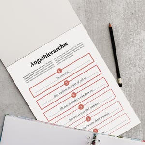 May include: A worksheet titled "Angsthierarchie" with six numbered steps for managing anxiety. The steps are: Hand stretched, Not angled hand lifts and touches me, With one hand touch in a room, Very close to a hand passing by, Hand in further distance passing by, and Hand in further distance passing by.