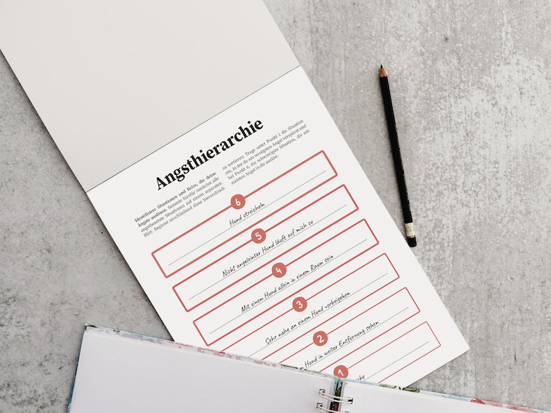 May include: A worksheet titled "Angsthierarchie" with six numbered steps for managing anxiety. The steps are: Hand stretched, Not angled hand lifts and touches me, With one hand touch in a room, Very close to a hand passing by, Hand in further distance passing by, and Hand in further distance passing by.