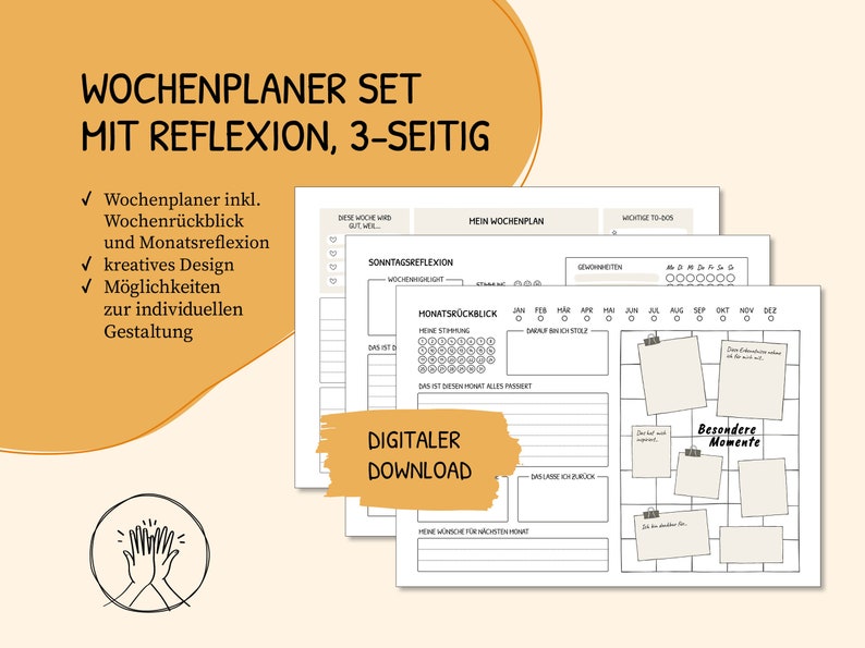 May include: A printable weekly planner set with reflection pages. The set includes a weekly planner, a Sunday reflection page, and a monthly reflection page. The planner is designed with a minimalist aesthetic and includes space for goals, to-do lists, and notes. The text on the image reads "Wochenplaner Set mit Reflexion, 3-seitig" and "Digitaler Download".