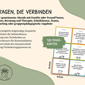 May include: A set of 120 question cards designed to spark conversation and connection. The cards are 9.9 cm by 10.5 cm and feature a variety of thought-provoking questions. The cards are ideal for use in group settings, such as family gatherings, therapy sessions, or team-building activities.