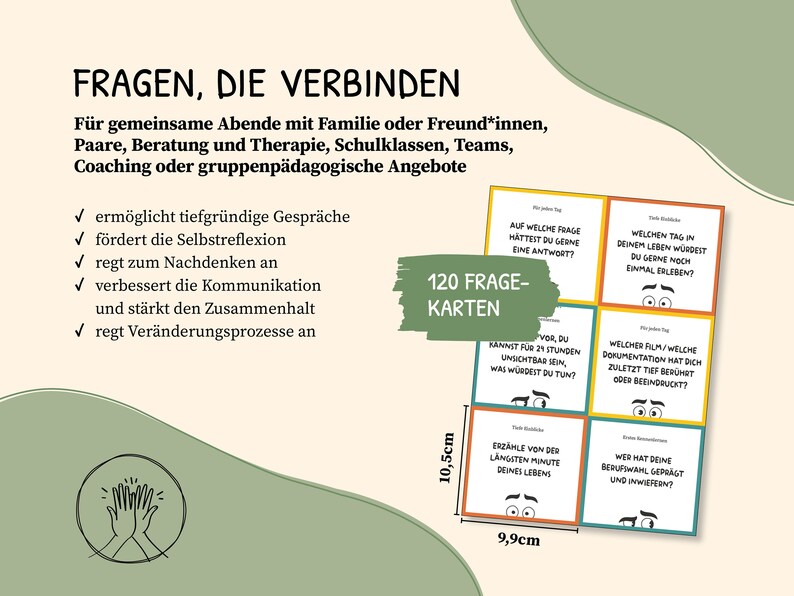 May include: A set of 120 question cards designed to spark conversation and connection. The cards are 9.9 cm by 10.5 cm and feature a variety of thought-provoking questions. The cards are ideal for use in group settings, such as family gatherings, therapy sessions, or team-building activities.