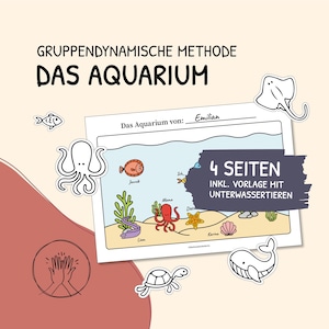 Puede incluir: Una colorida ilustración de un acuario con varias criaturas marinas, incluyendo un pulpo, peces y una estrella de mar. El texto "DAS AQUARIUM" se muestra en la parte superior, con texto adicional que indica "4 SEITEN" y "INKL. VORLAGE MIT UNTERWASSERTIEREN".