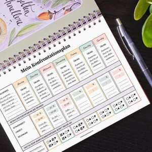 May include: A white planner with a green and pink floral design. The planner has a spiral binding and includes a section for "My Confrontation Plan" with columns for each day of the week. The planner also includes a section for "Details for Carrying Out the Exercises" with columns for "Difficulty", "Reward", and "Have you used your coping strategies? Mark them off."