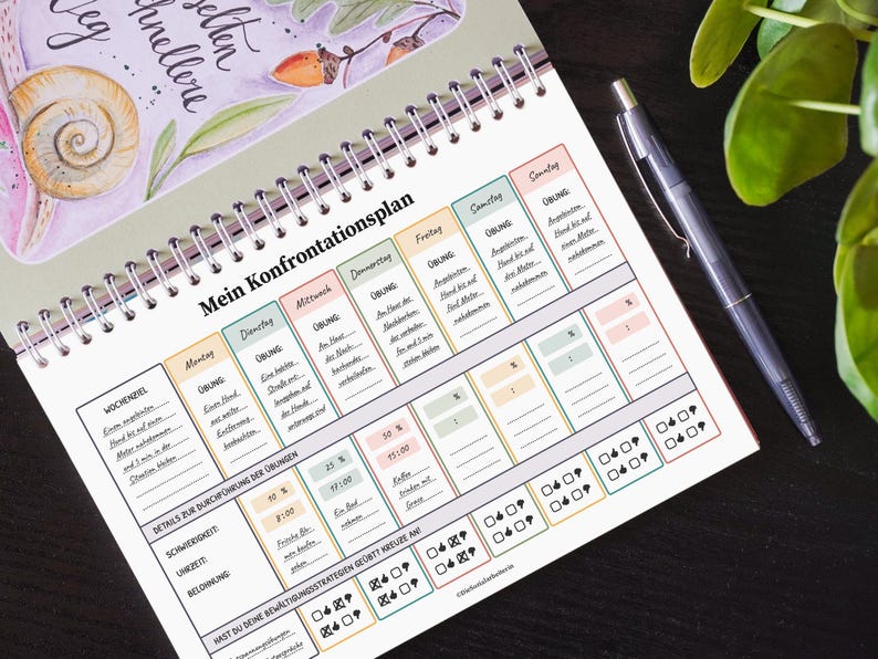 May include: A white planner with a green and pink floral design. The planner has a spiral binding and includes a section for "My Confrontation Plan" with columns for each day of the week. The planner also includes a section for "Details for Carrying Out the Exercises" with columns for "Difficulty", "Reward", and "Have you used your coping strategies? Mark them off."
