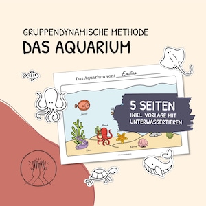 Op de afbeelding: Een printbaar educatief werkblad getiteld Das Aquarium met een centrale illustratie van een onderwaterscène met getekende zeedieren zoals een octopus, zeester en vissen, inclusief tekstlabels en een donker vlak met 5 SEITEN.