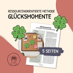 May include: A corkboard with notes and images, featuring the text "Glücksmomente" and "5 SEITEN". Green clover-shaped notes are pinned to the board. A document titled "Glücksmomente" is also visible.