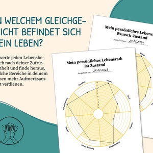 K&ouml;nnte beinhalten: Ein druckbares Lebensrad-Arbeitsblatt mit zwei Abschnitten: "Mein pers&ouml;nliches Lebensrad: Wunschzustand" und "Mein pers&ouml;nliches Lebensrad: Ist-Zustand". Das Arbeitsblatt soll Benutzern helfen, ihre aktuelle Lebenszufriedenheit zu beurteilen und Ziele f&uuml;r Verbesserungen zu setzen. Das Rad ist in acht Abschnitte unterteilt, die jeweils einen anderen Lebensbereich repr&auml;sentieren, wie z. B. Gesundheit, Beziehungen und Karriere.