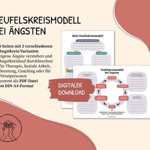 K&ouml;nnte beinhalten: Ein digitaler Download eines druckbaren Arbeitsblattes zum Verstehen und Durchbrechen des Angstkreislaufs. Das Arbeitsblatt zeigt eine visuelle Darstellung eines Teufelskreises mit Pfeilen und Textfeldern zum Ausf&uuml;llen von Details. Der Text "Teufelskreismodell bei &Auml;ngsten" ist im Bild sichtbar.