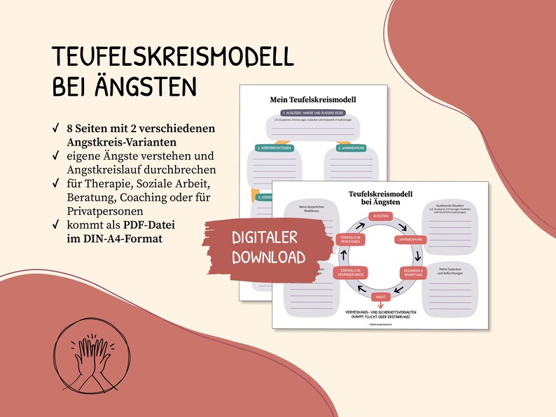 K&ouml;nnte beinhalten: Ein digitaler Download eines druckbaren Arbeitsblattes zum Verstehen und Durchbrechen des Angstkreislaufs. Das Arbeitsblatt zeigt eine visuelle Darstellung eines Teufelskreises mit Pfeilen und Textfeldern zum Ausf&uuml;llen von Details. Der Text "Teufelskreismodell bei &Auml;ngsten" ist im Bild sichtbar.