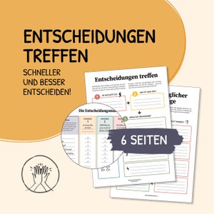 Może przedstawiać: Drukowana karta pracy zatytułowana "Entscheidungen Treffen" (po niemiecku "Podejmowanie decyzji") i tekstem "Schneller und Besser Entscheiden!" (po niemiecku "Podejmuj decyzje szybciej i lepiej!"). Karta pracy została stworzona, aby pomóc ludziom w podejmowaniu lepszych decyzji poprzez rozbicie procesu decyzyjnego na kroki. Karta pracy zawiera tabelę z trzema kolumnami oznaczonymi jako "Leitmotives", "Orientierung" i "Formulierung des Problems". Istnieją również sekcje służące do identyfikacji celu decyzji i wyliczenia możliwych rozwiązań.