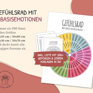 May include: A printed chart titled "GEF&Uuml;HLSRAD" with the text "WIE F&Uuml;HLST DU DICH HEUTE?" and a circular diagram of emotions. The chart includes a list of over 200 feelings and blank templates. Available in PDF format in sizes 20x30 cm, 30x40 cm, 40x50 cm, and 50x70 cm.